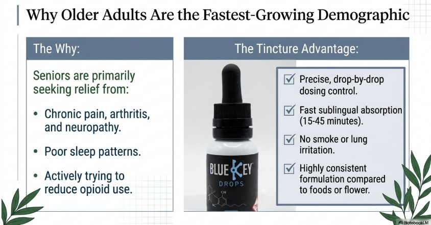 Why older adults are the fastest-growing CBD demographic: seniors seek relief from chronic pain, poor sleep, and opioid use, while tinctures offer precise dosing and fast sublingual absorption