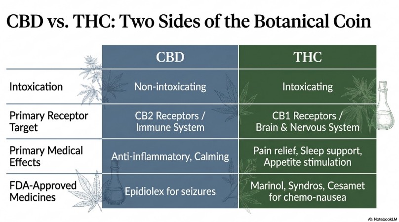CBD versus THC comparison covering intoxication, receptor targets, medical effects, and FDA-approved medicines