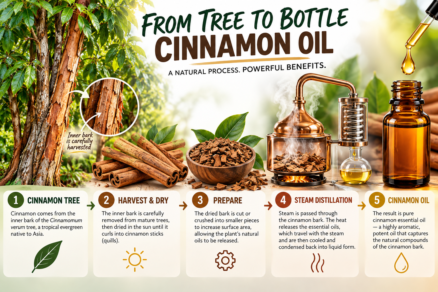 From tree to bottle: the five steps of cinnamon oil production, from harvesting the inner bark of the cinnamon tree to steam distillation and the finished bottle of cinnamon oil