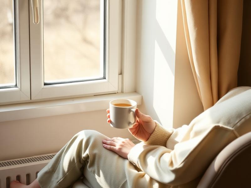 Person holding a warm mug beside a sunlit window