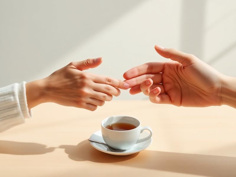 Two people reaching to hold hands across a table with a cup of tea