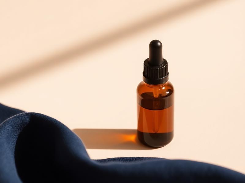 Amber glass tincture bottle with a dropper on a warm off-white surface