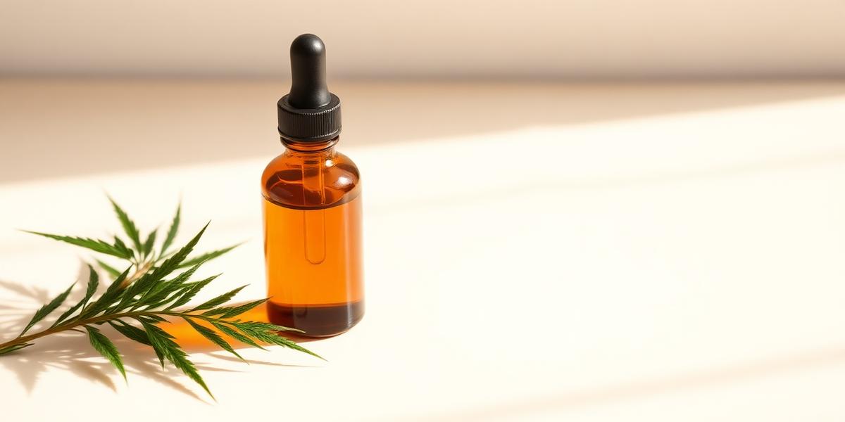 An amber glass dropper bottle of CBD oil beside a fresh hemp sprig on a bright countertop