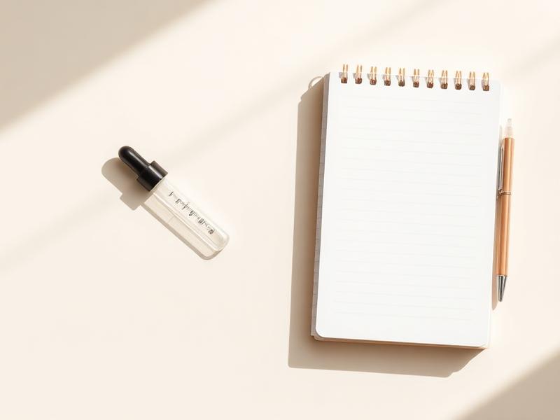 Graduated dropper beside a notepad on a sunlit desk