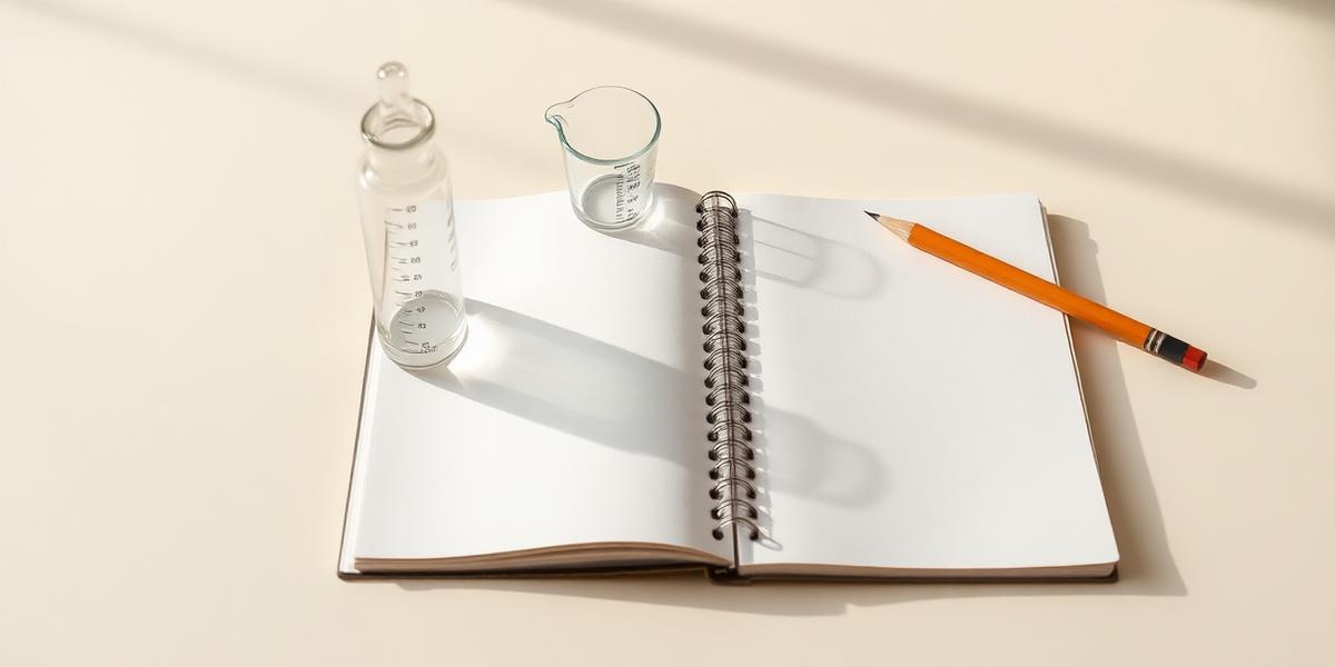 A graduated glass dropper, small measuring beaker, and an open notebook with a pencil on a bright desk