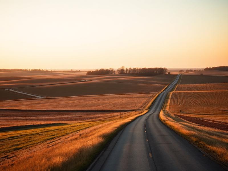 Rural Missouri farmland and a winding road at golden hour