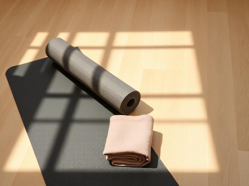 Rolled yoga mat and folded towel on a sunlit wood floor