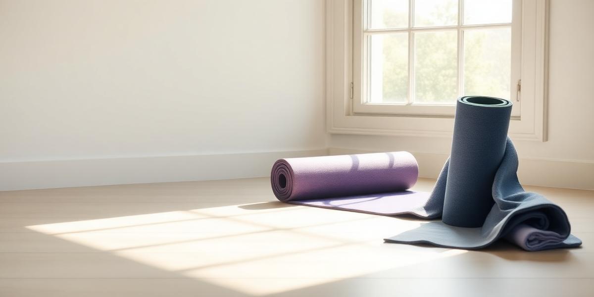 A rolled yoga mat, foam roller, and towel beside a sunlit window