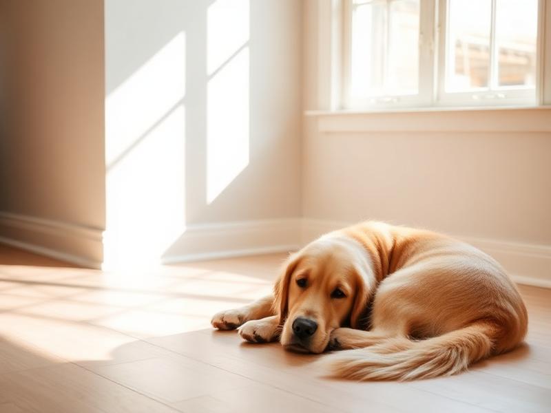 Golden retriever resting calmly on a wood floor near a sunlit window