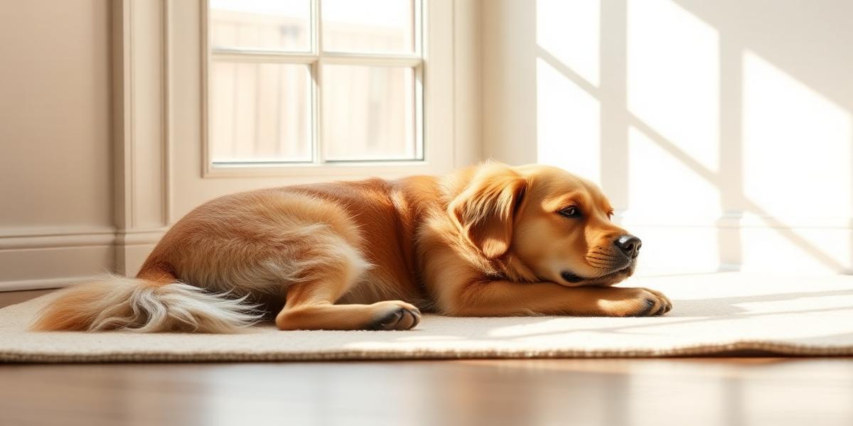A calm golden retriever resting on a light rug near a sunlit window