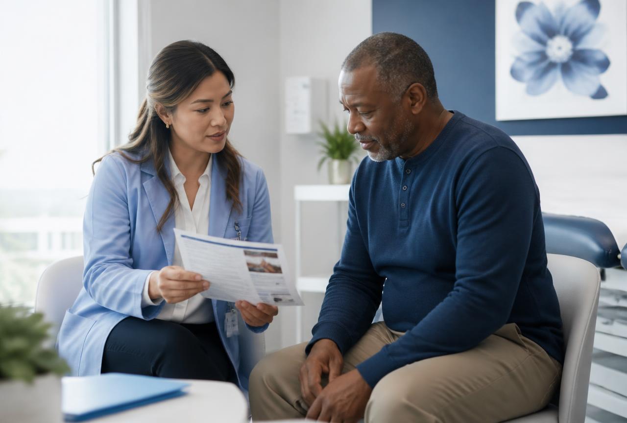 Clinician in a light blue coat reviewing a printed patient handout with a patient in a bright clinic room
