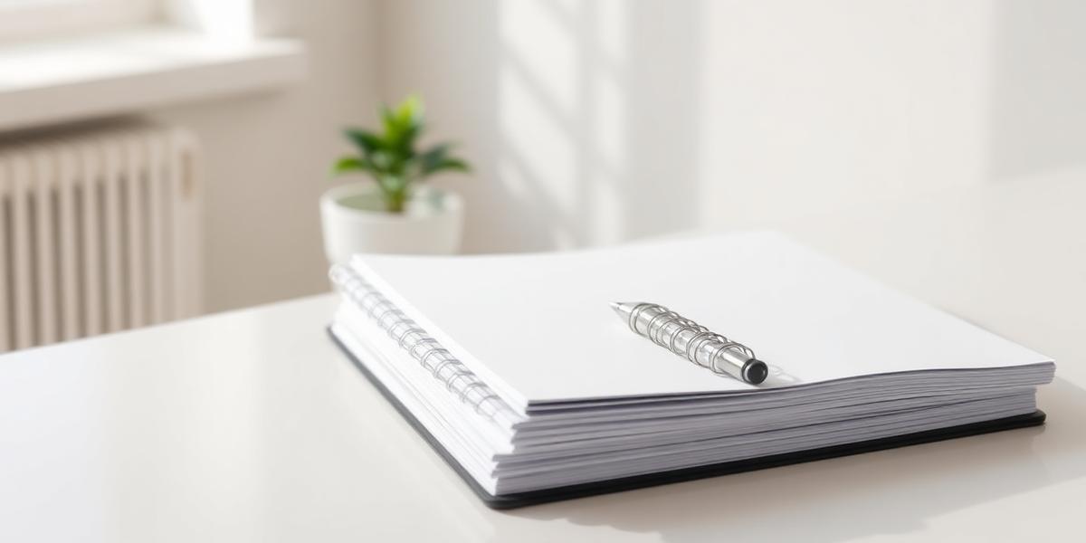 Neat stack of blank printed patient handouts and a notebook on a bright clinic desk beside a small plant