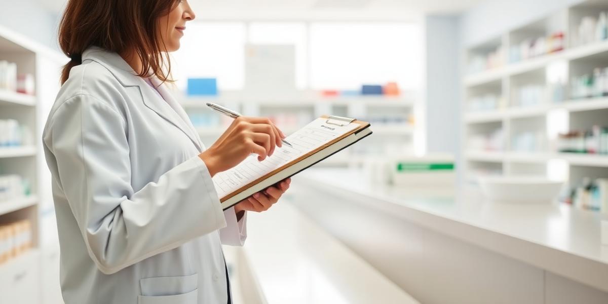 Pharmacist in a white coat reviewing a medication list on a clipboard at a bright pharmacy counter