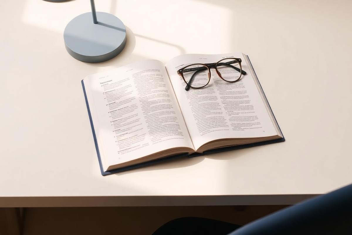 Open scientific journal and reading glasses on a sunlit desk