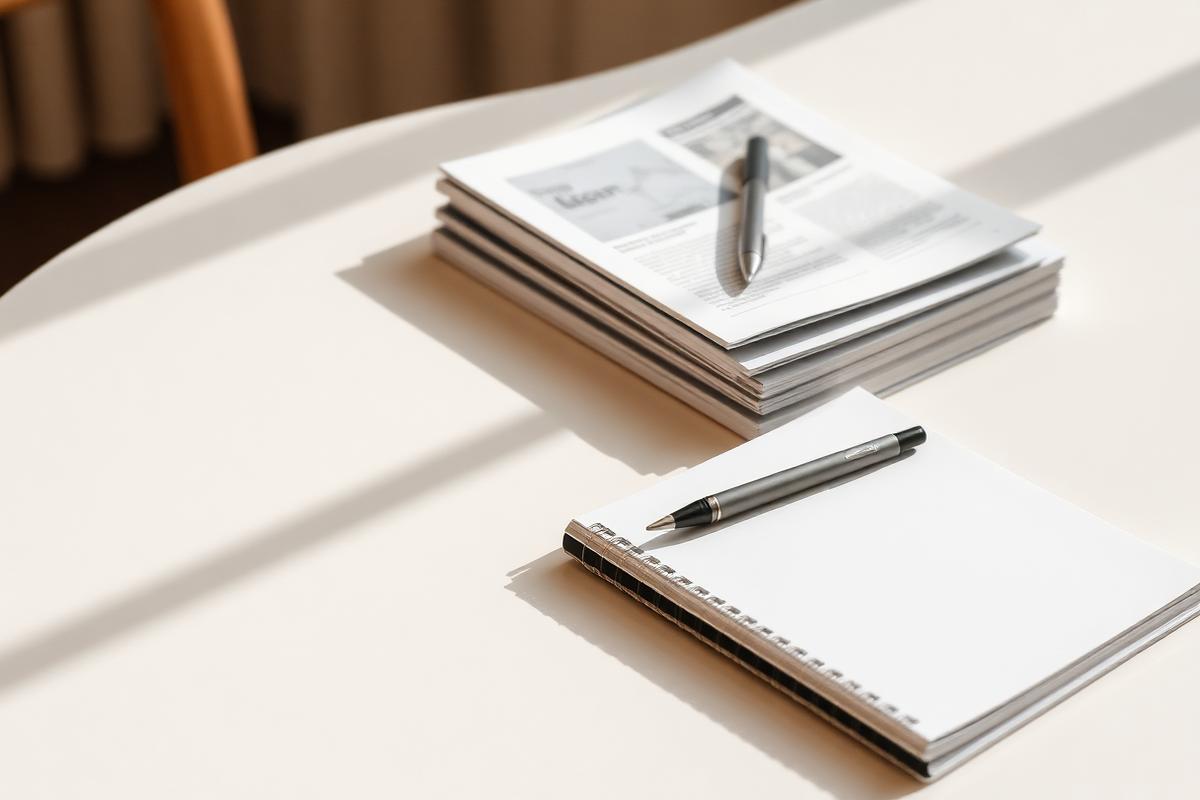 Stacked printed guides and an open notebook with a pen on a light table