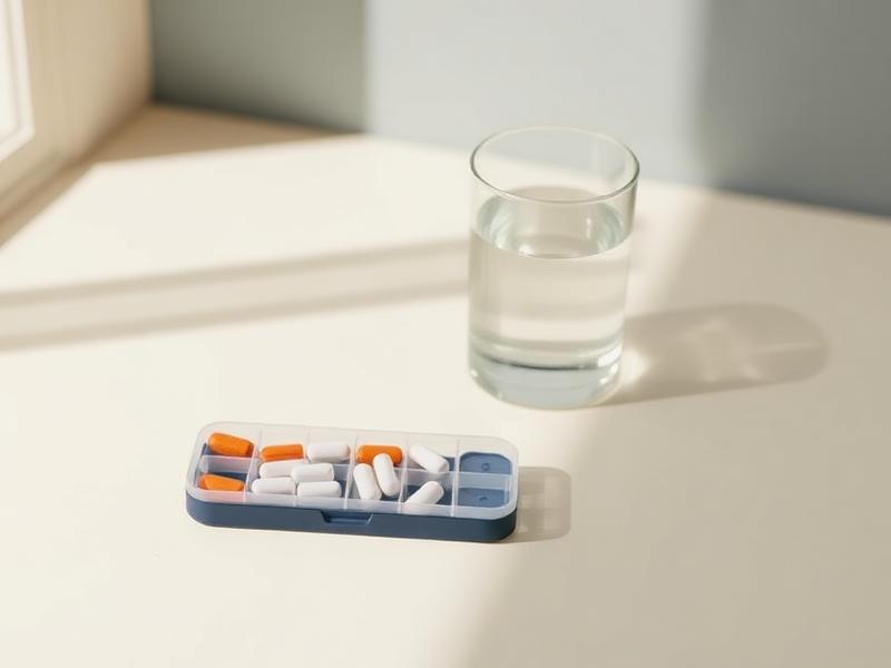 Weekly pill organizer and a glass of water on a bright countertop