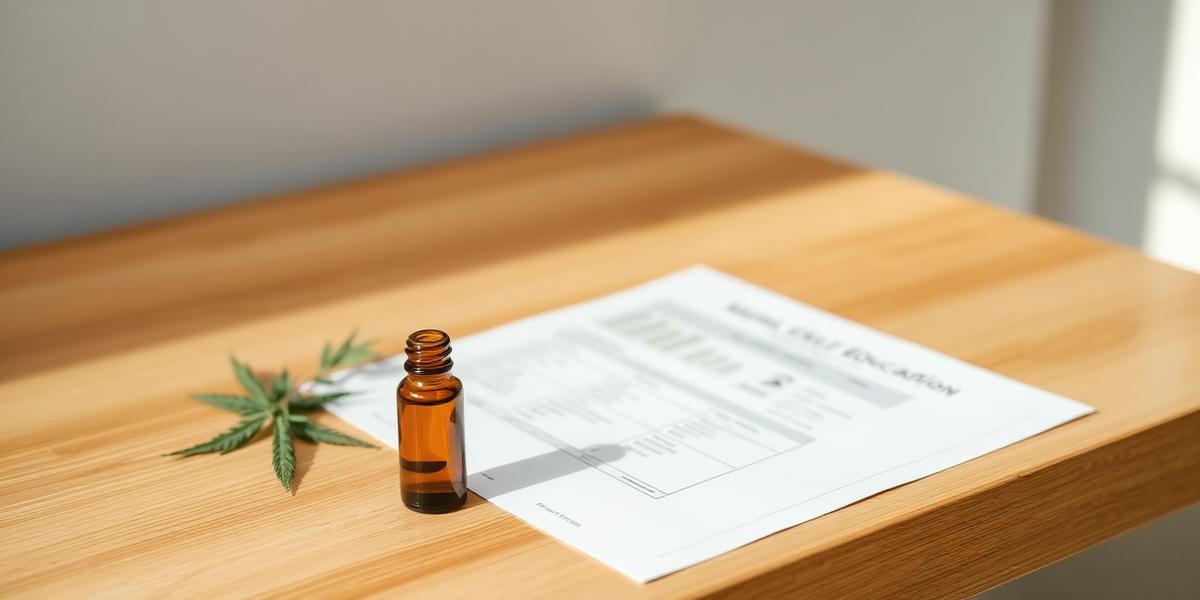 A printed laboratory analysis report beside a small amber glass dropper bottle and a sprig of hemp on a bright countertop