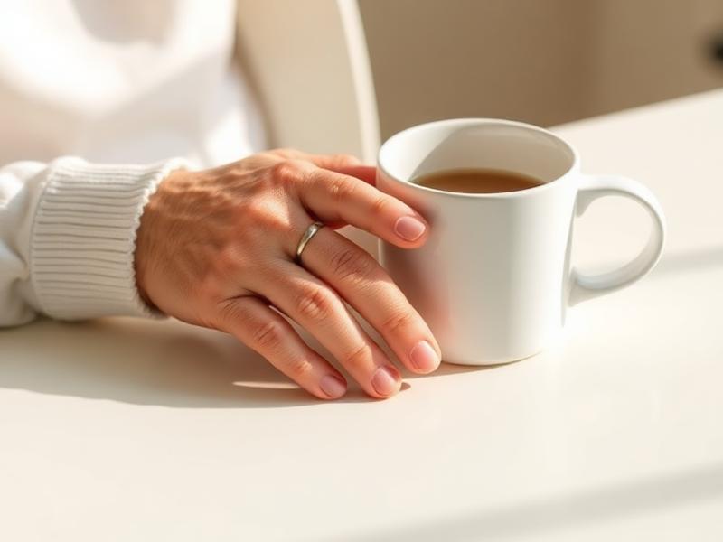 Older adult's hand resting beside a warm mug of tea on a white table