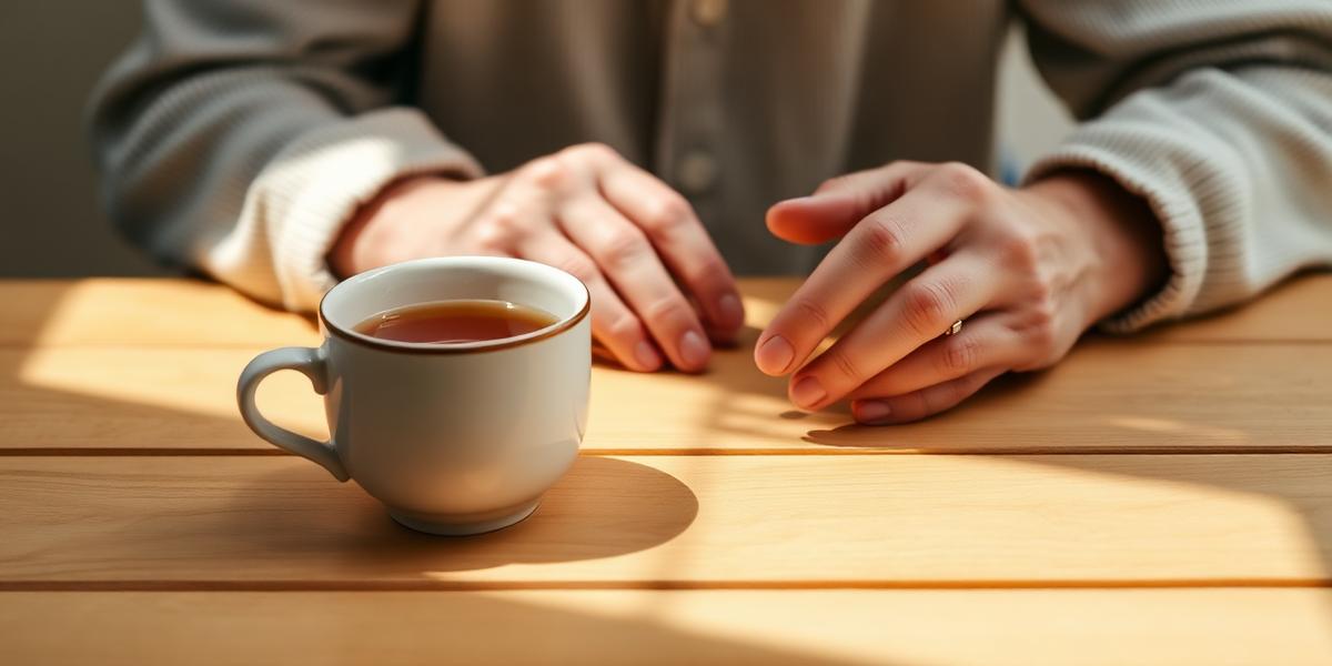 An older adult's hands resting near a warm mug of tea on a sunlit wooden table