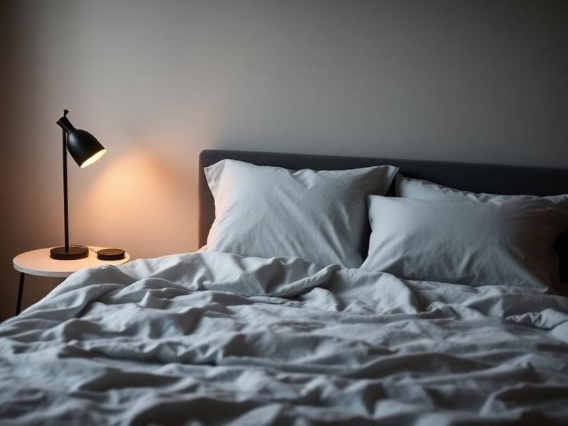 Softly lit bed with linen bedding and a bedside lamp in the evening