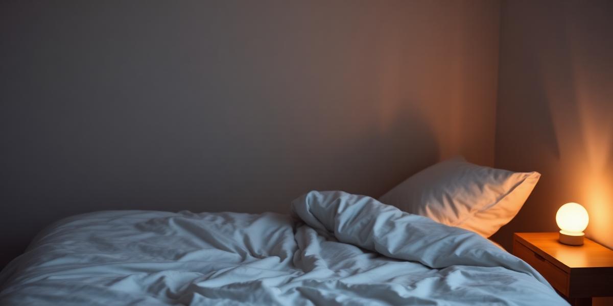A neatly made bed with soft white linen in dim evening light beside a warm bedside lamp
