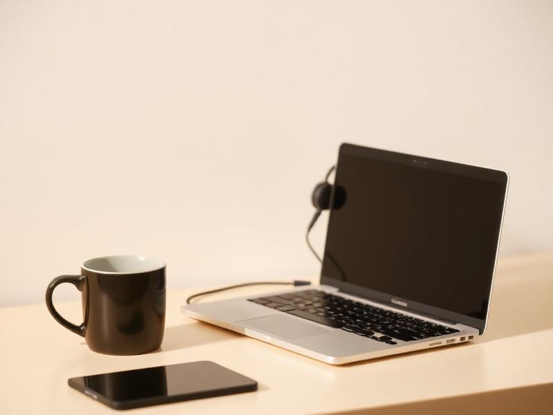 Headset and coffee mug beside a laptop on a light desk