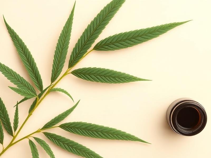 Green hemp leaf beside a small dark glass jar on a cream background